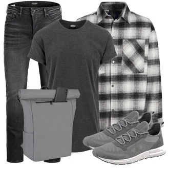 Schön Outfit mit Dunkelgrau/Grau/Hellgrau Slim Fit Jeans/Winterjacke/Lederjacke/Leder Schuhe/Low Rise Jean/Jeans mit Schlitz/Thermojeans/Herren Lederjacke/Knöchelstiefel/Tapered-Jeans/Damen 7/8-Länge Jeans/Regular-Fit Jeans/Straight Leg Jean Jack & Jones "Alltagsoutfit"Look: Uni, Schlichte, Old Money, Premium, Smart Casual, Schön, Classic, Coole, Elegant