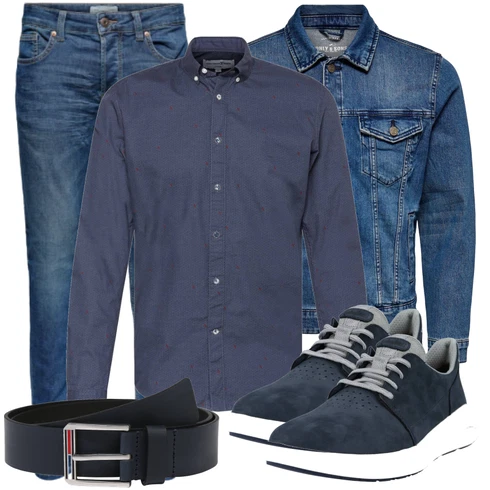Blau/Hellblau Lederjacke/Slim Fit Jeans/Leder Schuhe/Winterjacke/Herren Lederjacke/Biker Jeans/Low Rise Jean/Thermojeans/Schlupfjeans/Push up Jeans/Low Waist Jean/Jeans mit Schlitz Only & Sons kombinieren mit Schwarz Gürtel Tommy Jeans