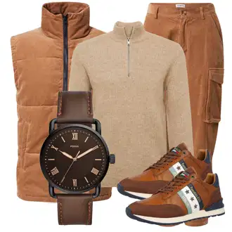 Outfit mit Braun/Orange/Rot Strickjacke Gefüttert/Stehkragen-Strickjacke/Wendeweste/Cordweste/Steppweste ABOUT YOU Limited "Alltagsoutfit"