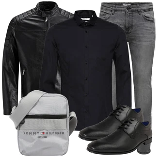 Große Größen Outfit mit Schwarz/Creme/Dunkelgrün Mantel/Lederjacke/Leder Bomberjacke/KunstLederjacke/Vintage Lederjacke/Bikerjacke/Motorradjacke Jack & Jones "Büro Outfit"