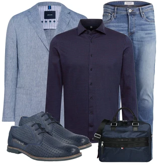 Outfit mit Blau/Dunkelblau/Hellblau Hose Große Größe/Slim Fit Jeans/Leder Schuhe/Low Rise Jean/Lederjacke/Winterjacke/Regular-Fit Jeans/Low Waist Jean/Sportschuhe/Straight Leg Jean/Tapered-Jeans Jack & Jones "Business Look"