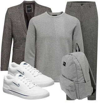 Outfit mit Grau/Hellgrau/Dunkelgrau Strick Top/Langarm-Shirt/Rollkragenshirt/Klassische Länge/Longshirt/Sport-Top Only & Sons "Casual Business Outfit"