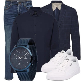 Outfit mit Grau/Weiß/Blau Sneaker rieker evolution "Casual Business Outfit"