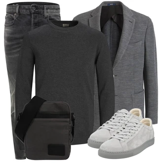 Outfit mit Dunkelgrau/Grau Feinstrickpullover/Wollpullover/Basic Pullover/Einfacher Pullover/Kaschmir Pullover/Rundhals Pullover/Thermo Pullover/Stillpullover/Kaschmir Pullover/Pullover mit Stehkragen/Damen Pullover/Sweatshirt Jack & Jones "Casual Business Outfit"