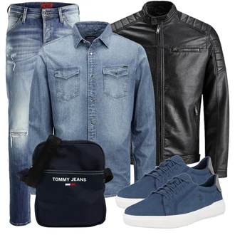 Große Größen Outfit mit Schwarz/Creme/Dunkelgrün Mantel/Lederjacke/Leder Bomberjacke/KunstLederjacke/Vintage Lederjacke/Bikerjacke/Motorradjacke Jack & Jones "Cool für die Freizeit"