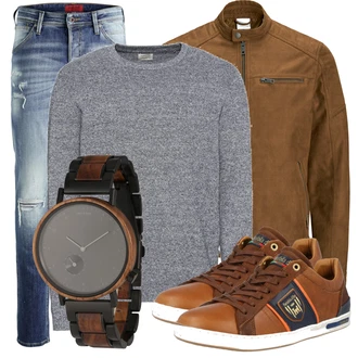 Große Größen Outfit mit Braun/Dunkelbraun/Khaki Mantel/Stehkragen-Strickjacke/Strickjacke/KunstLederjacke/Wachsjacke/Jacke mit Seitlichem Reißverschluss/Nachhaltige Jacke/Vintage Lederjacke/Übergangsjacke/Kunstfaserjacke/Lederjacke Jack & Jones "Cooler Look für den Frühling"