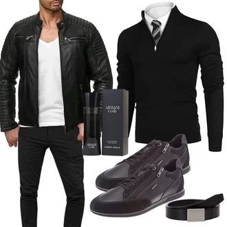 Outfit mit Schwarz Jacke mit Seitlichem Reißverschluss/KunstLederjacke/Motorradjacke/Bikerjacke Redbridge "Freizeit Outfit"