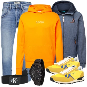 Outfit mit Gelb Sweatmode Tommy Hilfiger, Gelb Sneaker Pepe Jeans "Freizeit Outfit"