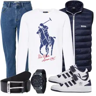 90er Outfit mit Blau/Dunkelblau/Braun Große Größe Mantel Boss "Freizeit Outfit"Look: Western, Uni, 80er, Sportlich, 30er Jahre, Unisex, Coole, Boyfriend, 90er