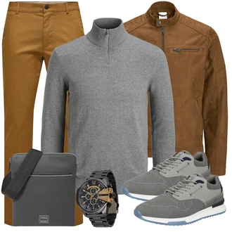 Große Größen Outfit mit Braun/Dunkelbraun/Khaki Mantel/Stehkragen-Strickjacke/Strickjacke/KunstLederjacke/Wachsjacke/Jacke mit Seitlichem Reißverschluss/Nachhaltige Jacke/Vintage Lederjacke/Übergangsjacke/Kunstfaserjacke/Lederjacke Jack & Jones "Freizeit Outfit"