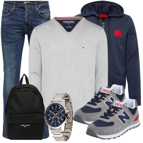 Sportlich Grau/Hellgrau/Dunkelblau/Blau/Hellblau WalkingSchuh/Vintage Sneaker/SicherheitsSchuh/Sneaker Low/Schmaler Sneaker/Winter Sneaker New Balance kombinieren mit Schwarz Rucksack Tommy JeansLook: Retro, Smart Casual, Casual, Classic, 80er, Unisex, 90er, Outdoor, Löwe, Schön, Sportlich, Workwear, Maritim, Nerd