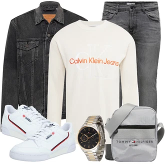 Outfit mit Grau/Dunkelgrau/Hellgrau Biker Jeans/Lederjacke/Leder Schuhe/Slim Fit Jeans/Thermojeans/Herren Lederjacke/Winterjacke/Jeans mit Schlitz/Low Rise Jean Only & Sons "Freizeit Outfit"