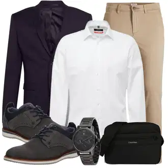 Smart Casual Outfit mit Dunkelblau/Hellblau Mantel/Kleid Große Größe/Bluse Große Größe/Bluse und Tunika/Kostüm Jack & Jones "Freizeit Outfit"Look: Uni, Büro, Business, Elegant, Edel, Smart Casual, Glamourös, Festlich, Premium