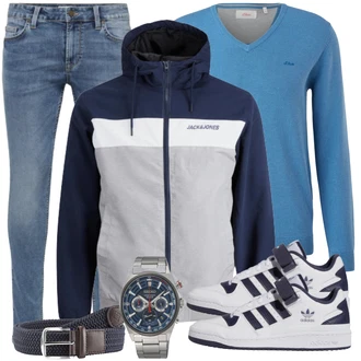 Outfit mit Hellblau/Blau Slim Fit Jeans/Lederjacke/Push up Jeans/Leder Schuhe/Jeans mit Schlitz/Knöchelstiefel/Low Rise Jean/Winterjacke/Biker Jeans/Regular-Fit Jeans Only & Sons "Freizeit Outfit"