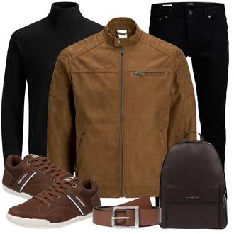 Große Größen Outfit mit Braun/Dunkelbraun/Khaki Mantel/Stehkragen-Strickjacke/Strickjacke/KunstLederjacke/Wachsjacke/Jacke mit Seitlichem Reißverschluss/Nachhaltige Jacke/Vintage Lederjacke/Übergangsjacke/Kunstfaserjacke/Lederjacke Jack & Jones "Freizeit Outfit"