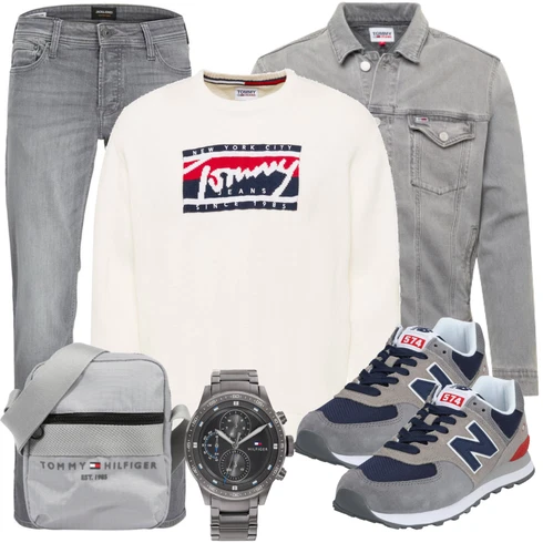 Grau Jeansjacke Tommy Jeans kombinieren mit Grau Strickjacke Tommy Jeans