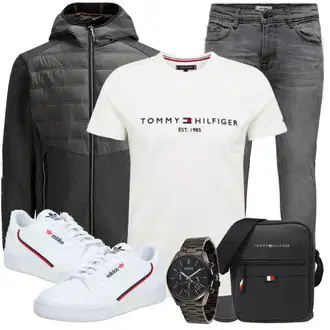 Schmal Kurvige Outfit mit Creme/Weiß/Grün/Khaki Bluse Große Größe/Shirt & Top Große Größe/Funktions T-Shirt/T-Shirt Training/Ausgefallenes T-shirt/Kurzarm T-Shirt/Shirt/Print Shirt/Umstands T-Shirt/Casual T-Shirt/T-Shirt Mit Print Tommy Hilfiger "Freizeit Outfit"