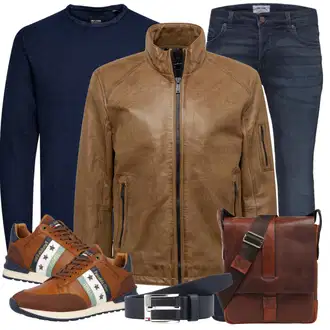 Outfit mit Dunkelblau/Blau Jeans Lederjacke/Leder Schuhe/Slim Fit Jeans/Winterjacke/Push up Jeans/ThermoJeans/Low Rise Jean/Herren Lederjacke/Biker Jeans Only & Sons "Freizeit Outfit"