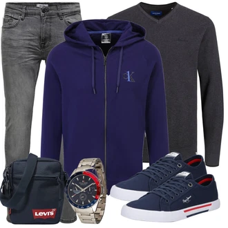 Outfit mit Grau/Dunkelgrau/Hellgrau Biker Jeans/Lederjacke/Leder Schuhe/Slim Fit Jeans/Thermojeans/Herren Lederjacke/Winterjacke/Jeans mit Schlitz/Low Rise Jean Only & Sons "Freizeit Outfit"