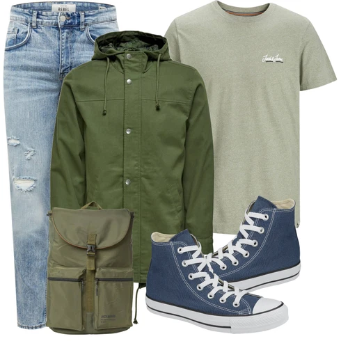 Grau Casual T-Shirt Jack & Jones kombinieren mit Rucksack Jack & Jones