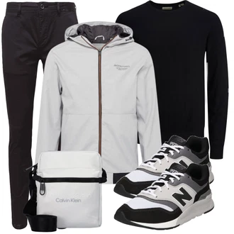 Outfit mit Schwarz Feinstrickpullover/Basic Pullover/Einfacher Pullover/Rundhals Pullover/Kaschmir Pullover/Wollpullover/Carmenpullover/Rundhals-Strickjacke/Stehkragen-Strickjacke/Kaschmir-Strickjacke/Strickjacke Jack & Jones "Freizeit Outfits"