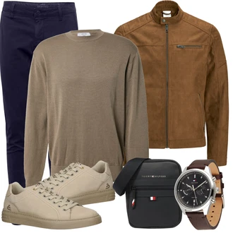 Große Größen Outfit mit Braun/Dunkelbraun/Khaki Mantel/Stehkragen-Strickjacke/Strickjacke/KunstLederjacke/Wachsjacke/Jacke mit Seitlichem Reißverschluss/Nachhaltige Jacke/Vintage Lederjacke/Übergangsjacke/Kunstfaserjacke/Lederjacke Jack & Jones "Alltags Outfit"