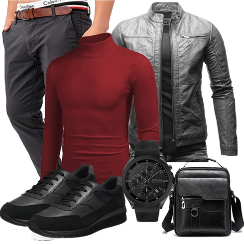 Grau/Dunkelgrau Leder Bomberjacke/Motorradjacke/Bikerjacke/Jacke mit Seitlichem Reißverschluss/KunstLederjacke Crone kombinieren