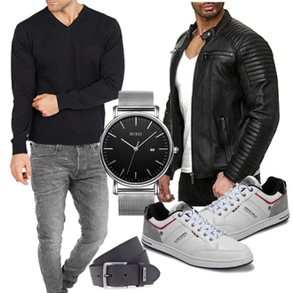 Outfit mit Schwarz Jacke mit Seitlichem Reißverschluss/KunstLederjacke/Motorradjacke/Bikerjacke Redbridge "Freizeit Outfits"
