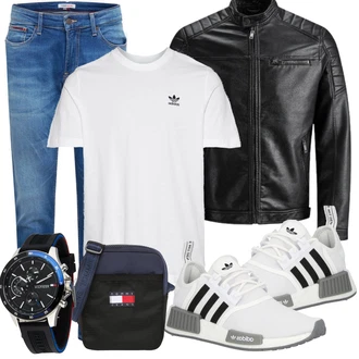 Große Größen Outfit mit Schwarz/Creme/Dunkelgrün Mantel/Lederjacke/Leder Bomberjacke/KunstLederjacke/Vintage Lederjacke/Bikerjacke/Motorradjacke Jack & Jones "Alltags Outfit"