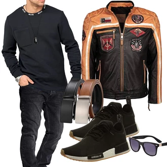 Outfit mit Rot/Braun/Creme Außergewöhnliche Jacke/Vintage Jacke/Bikerjacke/Motorradjacke/Vintage Lederjacke Top Gun "Freizeit Outfits"