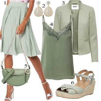 Ležérní outfity 60. Let s Světle zelená/Zelená Koktejlová Sukně/Sukně S Délkou Ke Kolenům/Krátká plisovaná sukně/Rozhalená Sukně/Sukně Pro Svatebního Hosta/Italská Sukně/Moderní Sukně/Midi Sukně/Mačkaná Sukně/Vázací Sukně/90tá Léta Sukně About You "Elegantní vzhled"Look: Lehký, 20 léta, Business, Šik, Elegantní, Krásný, Old Money, 70tá léta, Klasické, 60. Let