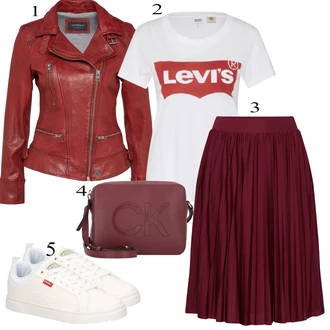 Biker outfit mit Temno rdeča/Rdeča Vintage Usnjena Jakna/Motoristična jakna/Jakna iz Umetnega Usnja/Jakna s 3/4 Rokavom/Usnjena Jakna/Jakna z voskom Oakwood "Oblačila za pomlad"