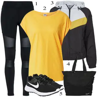 Outfit s Černá/Žlutá/Vícebarevný/Oranžová/Tmavě modrá Tréninkové Bundy/Reflexní Bund/Větrovka/Plachtařská bunda/Krabice bunda About You "Sportovní Outfit"