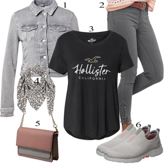 Old Money Outfit s Šedá/Hnědá/Béžová/Tmavě šedá Bandana/Šál About You "Jarní outfit"Look: Cool, S Metall, Krásný, Old Money, Safari, Retro, 80tá léta