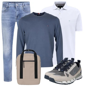 Outfit mit Blau/Weiß T-Shirt Poloshirt Fynch-Hatton "Perfekt für die Freizeit"