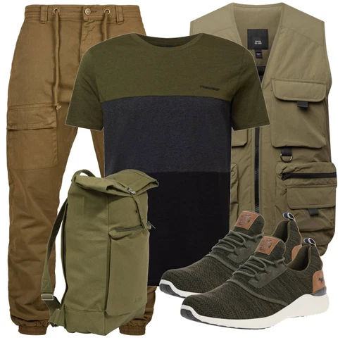 Schwarz Casual T-Shirt Ragwear kombinieren mit Grün Rucksack MELAWEAR