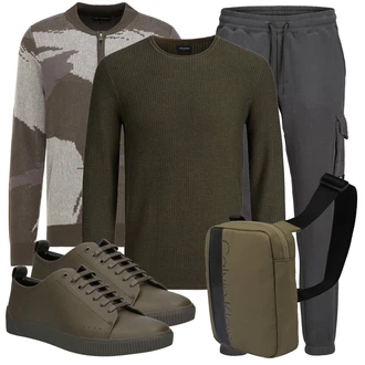 Outfit mit Dunkelgrün/Khaki Basic Pullover/Feinstrickpullover/Kaschmir Pullover/Strickpullover/Rundhals Pullover/Einfacher Pullover/Wollpullover Jack & Jones "Street Style Outfit"