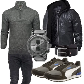 Motorrad Outfit mit Schwarz/Dunkelgrau/Grau Bikerjacke/Kapuzenjacke/Motorradjacke/Winterjacke/Fliegerjacke/Kunstlederjacke/Leder Bomberjacke/Jacke mit Seitlichem Reißverschluss FLAVOR "Street Style Outfit"Look: Airsoft, Reiten, Motorrad