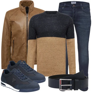 Outfit mit Dunkelblau/Blau Jeans Lederjacke/Leder Schuhe/Slim Fit Jeans/Winterjacke/Push up Jeans/ThermoJeans/Low Rise Jean/Herren Lederjacke/Biker Jeans Only & Sons "Stylisches Outfit für den Frühling"
