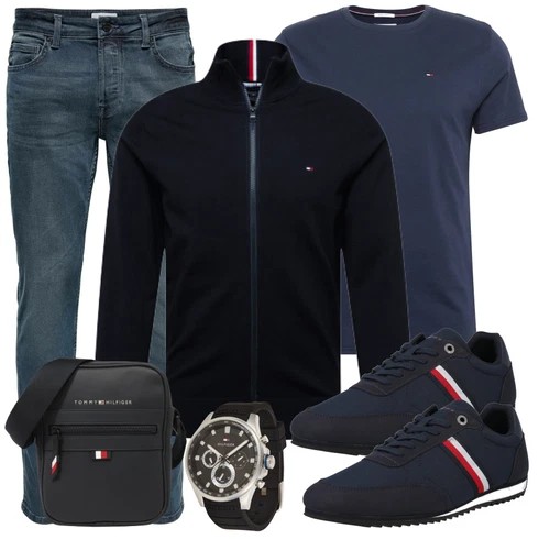 Dunkelblau/Hellblau Bluse Große Größe/Shirt & Top Große Größe/Funktions T-Shirt/Kurzarm T-Shirt/Ausgefallenes T-shirt/Sport-T-Shirt/Laufschuhe für Männer/Casual T-Shirt/Shirt Tommy Jeans kombinieren mit Schwarz Uhr Tommy Hilfiger