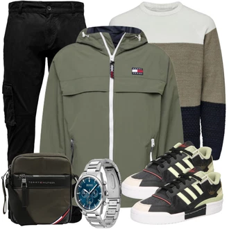 Outfit mit Schwarz/Khaki Cargohose/Cargo-Jogginghose/Funktionshose/Motorradhose Only & Sons "Alltags Outfit"