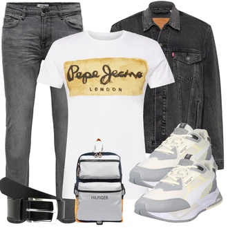 Outfit mit Grau/Dunkelgrau/Hellgrau Biker Jeans/Lederjacke/Leder Schuhe/Slim Fit Jeans/Thermojeans/Herren Lederjacke/Winterjacke/Jeans mit Schlitz/Low Rise Jean Only & Sons "Alltags Outfit"