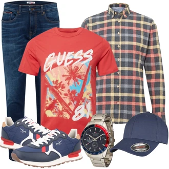 Outfit mit Hellblau/Rot/Mischfarben Bluse Große Größe/Kariertes Hemd/Flanellhemd/Buntes Hemd Kronstadt "Alltags Outfit"