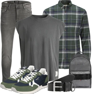 Outfit mit Grau/Hellgrau/Dunkelgrau Lederjacke/Thermojeans/Slim Fit Jeans/Leder Schuhe/Damen 7/8-Länge Jeans/Jeans mit Schlitz/Knöchelstiefel/Cropped Jeans/Tapered-Jeans/Push up Jeans/Winterjacke Jack & Jones "Alltags Outfit"