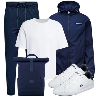 Outfit mit Dunkelblau Regenjacke/Laufjacke/Segeljacke/Nylonjacke/Ripstopjacke/Funktionsjacke/Windbreaker Jacke/Verstaubare Jacke/Leichte Jacke Ellesse "Alltagsoutfit"