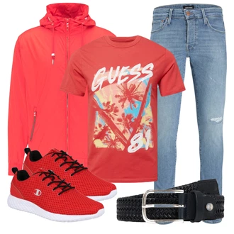 Outfit mit Blau/Hellblau Damen 7/8-Länge Jeans/Knöchelstiefel/Girlfriend Jeans/Jeans mit Schlitz/Jeans mit Loch/Low Rise Jean/Lederjacken/Lederjacke/Slim Fit Jeans/Tapered-Jeans Jack & Jones "Alltagsoutfit"