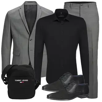 Outfit mit Grau/Hellblau Business Hose/Anzughose/Slim Hose/Karierte Hose/Musselin Hose/Chino Hose Jack & Jones "Büro Outfit"
