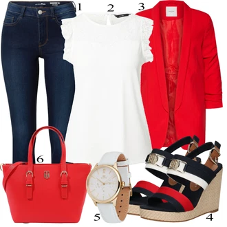 Vysoké Podpatky Outfit s Červená/Béžová/Tmavě modrá Espadrilka s klínovým podpatkem/Sandál na klínku/Espadrille sandál/Letní Bota/Bota Na Klínku Tommy Hilfiger "Jarní Outfit"