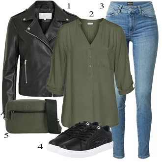 Zapínání na knoflíky Outfit s Khaki/Tmavě zelená Kožená bunda/Dlouhá Halenka/Klasická tunika/Halenka S 3/4 Rukávem/Blůza s knoflíčkem/Jednobarevná Halenka/Tunikové Tričko Lascana "Jarní Outfit"