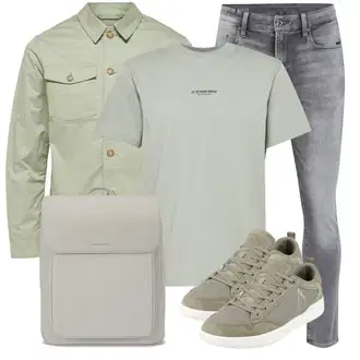 Outfit mit Hellgrau/Grau Girlfriend Jeans/Straight Leg Jean/Winterjacke/Biker Jeans/Low Rise Jean/Regular-Fit Jeans/Leder Schuhe/Tapered-Jeans/Herren Lederjacke/Lederjacke/Slim Fit Jeans G-Star Raw "Cooler Look für den Frühling"